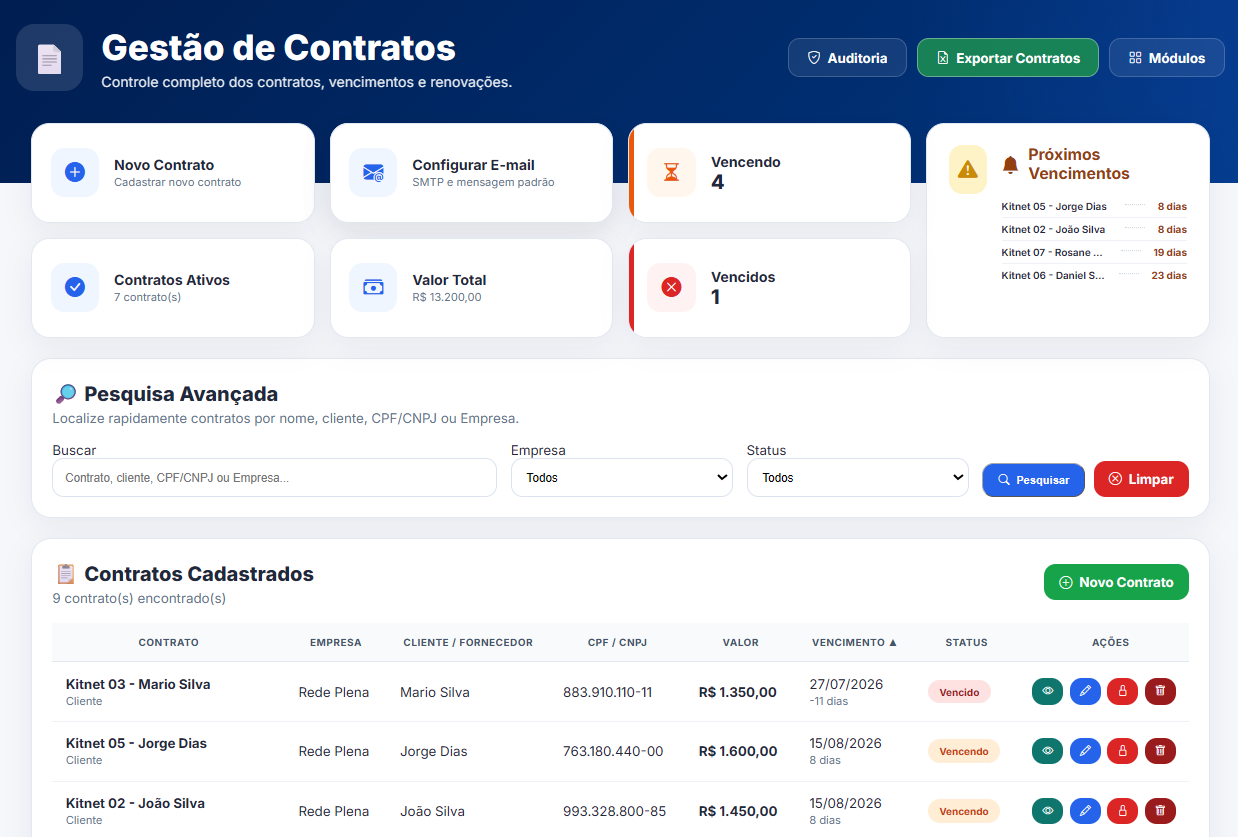 Sistema de Gestão de Contratos RPBS com dashboard, vencimentos, pesquisa, assinatura e exportação