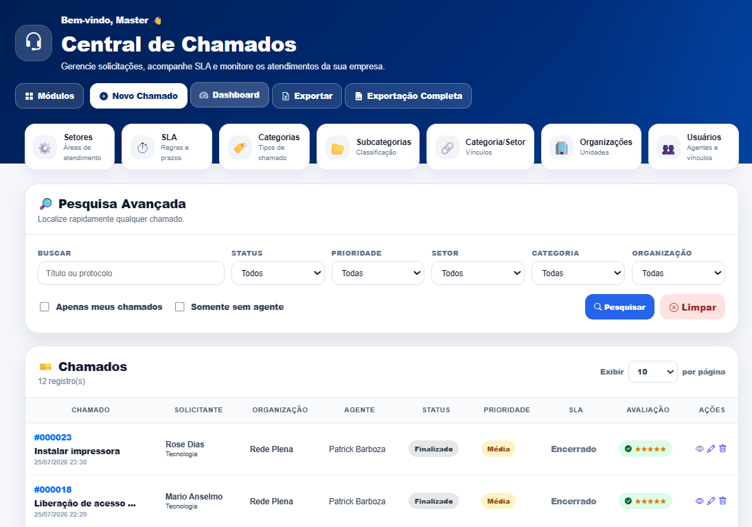 Central de Chamados da Rede Plena com pesquisa, filtros, SLA, prioridades e avaliações